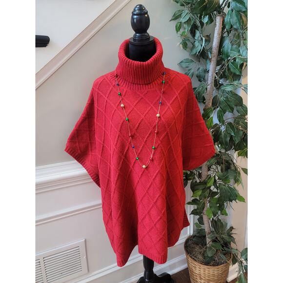 LOFT Sweater Poncho Women M/L Red Turtleneck Knit Pullover Warm Winter Top - Picture 1 of 10